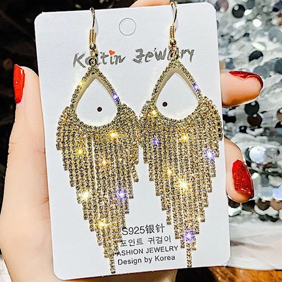 Rhinestone Tassel Crystal Drop Dangle Earrings - Picture 2 of 4